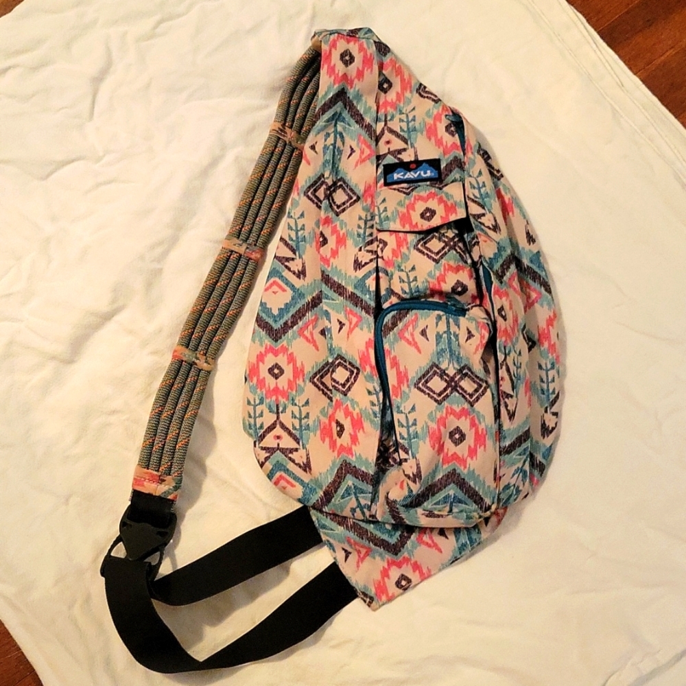Kavu Large Rope Sling Backpack.  Agua & Coral/Pink Aztec print